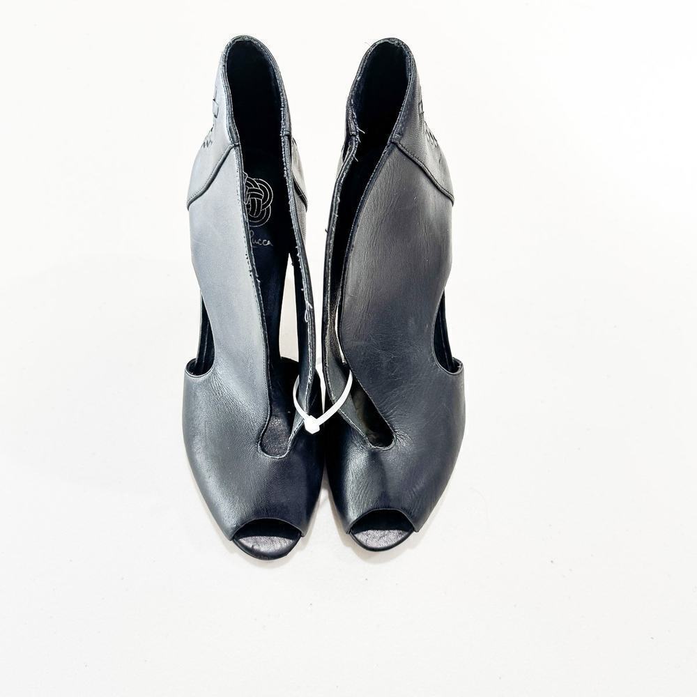 Elliott Lucca Allesandra Black Leather Woven Peep Toe Heel Pump Size 7.5